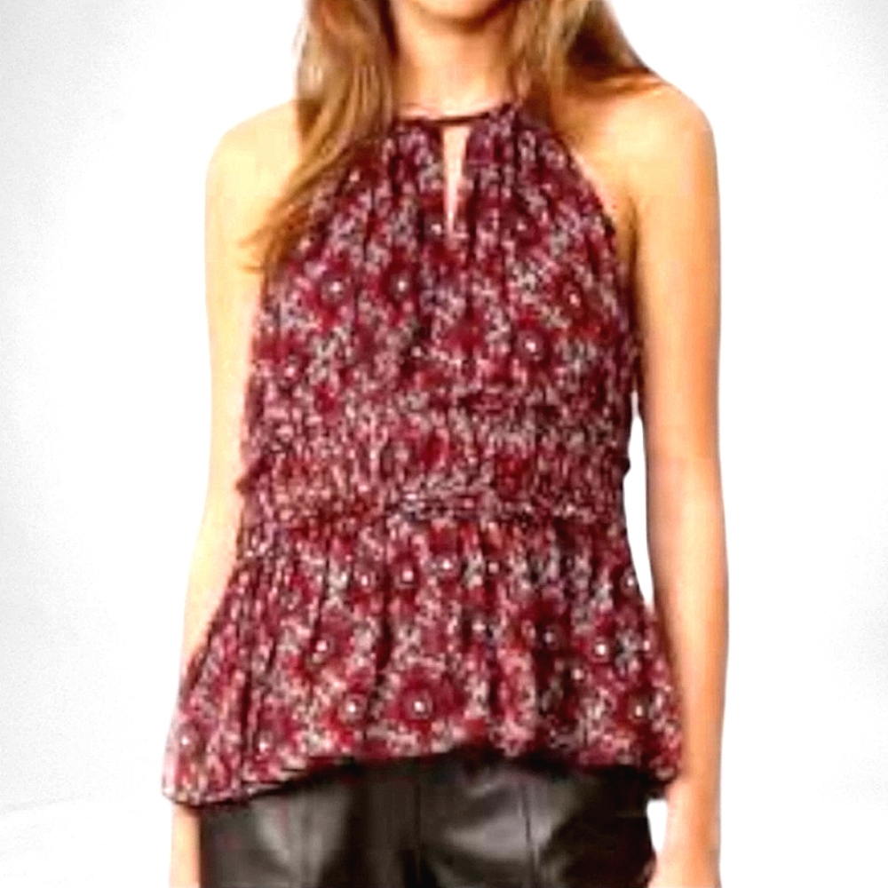 Cinq à Sept Silk Lotus Tiered Fringe Designer Halter Tank Top XS Luxe Chic